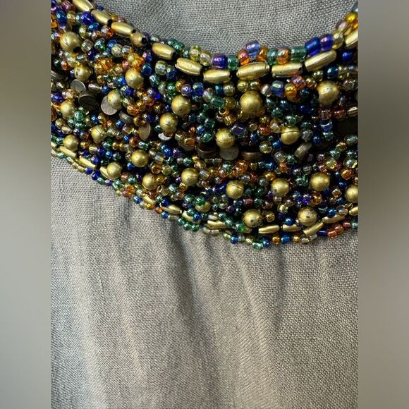 Lina Tomei 100% Linen Beaded Round Neck Sheath Dress Pockets Size Large Taupe - Picture 4 of 11